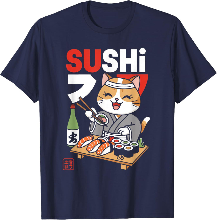 Japanese Cat Eating Sushi Chef Kawaii Ramen Anime Tees T Shirts For Men Women - Navy Blue