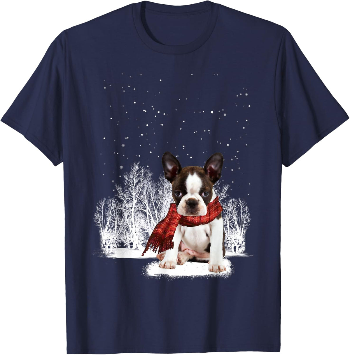 Boston Terrier In The Snow Merry Christmas Winter Gift T-Shirt - Navy Blue