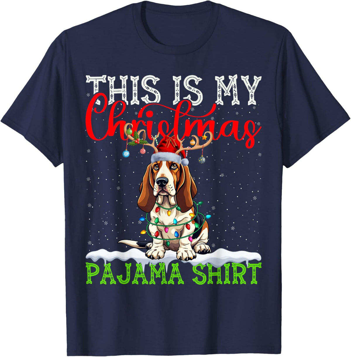 This is My Basset Hound Ugly Christmas Lights Pajama Sweater T-Shirt - Navy Blue