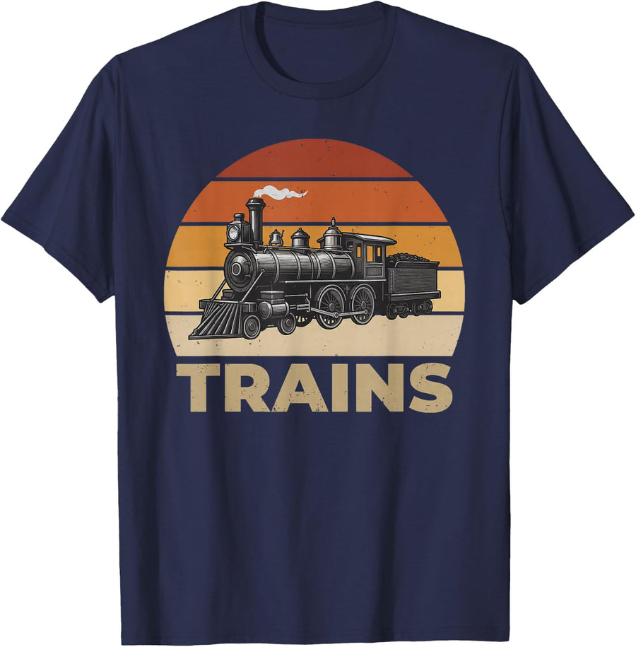 Trains Sleeveless Tank Steam Locomotive Retro Sunset Railfan T-Shirt - Navy Blue
