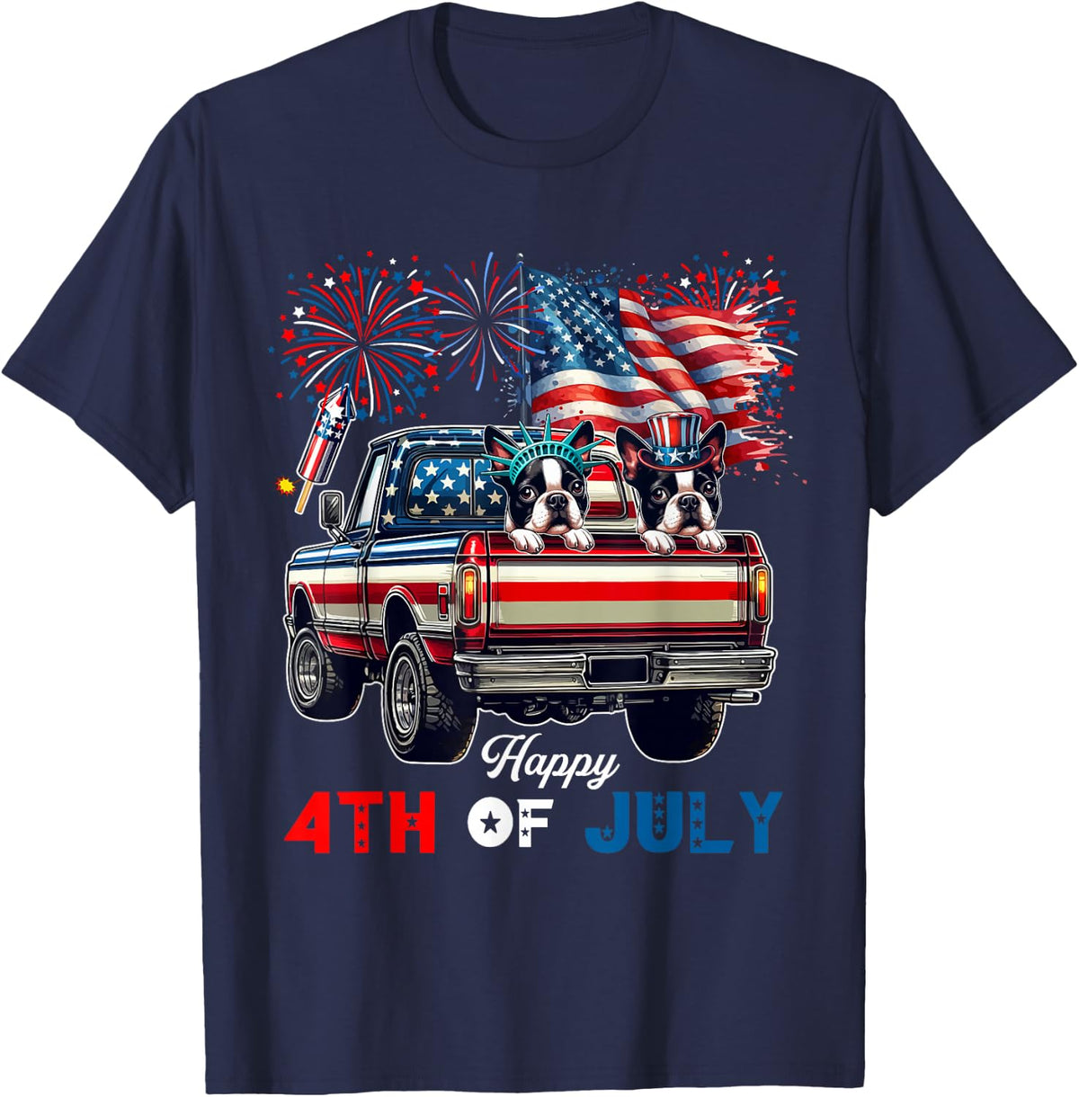 4th Of July Two Cute Boston Terriers On Pickup Truck Flag T-Shirt - Navy Blue