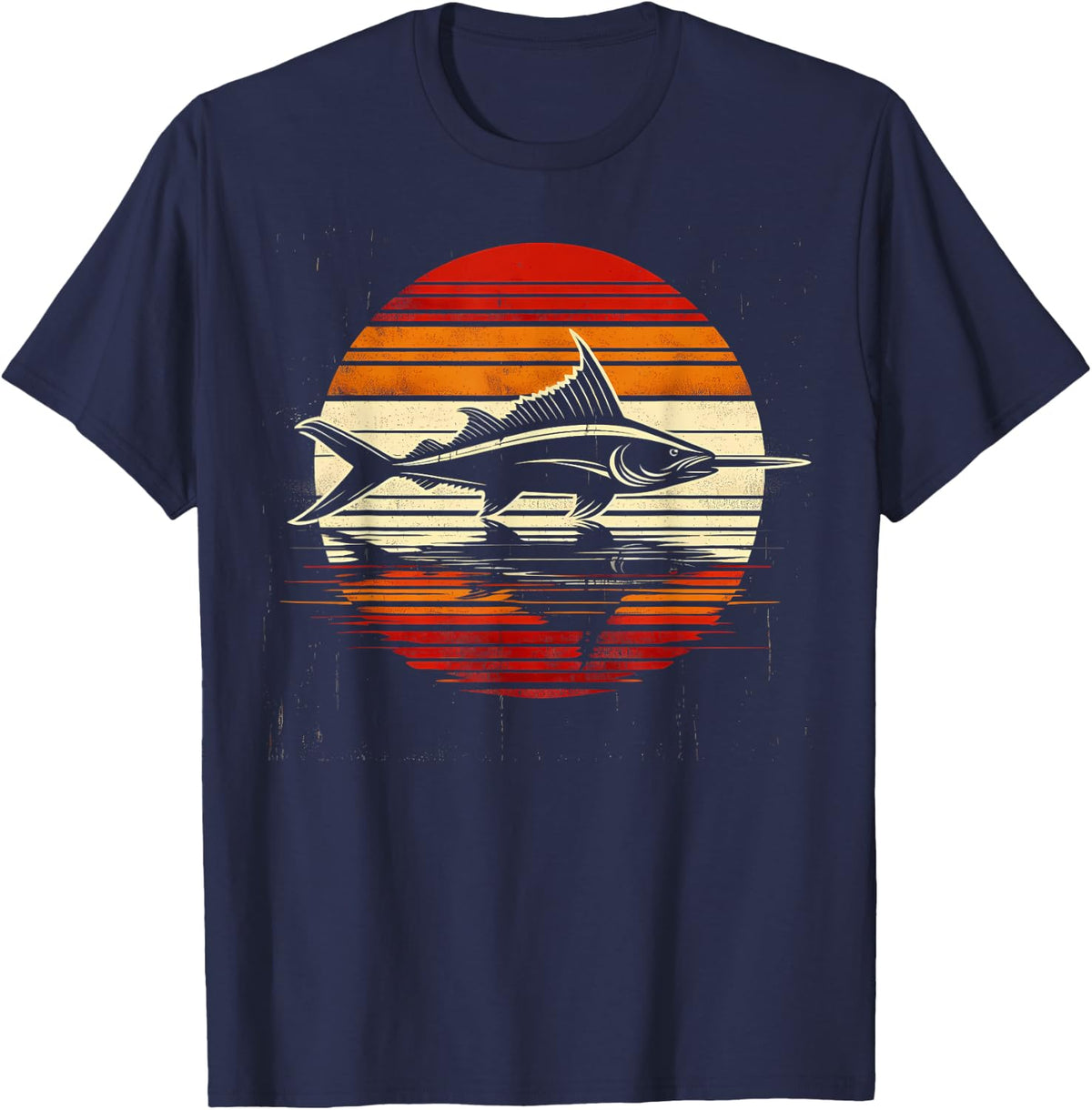 Swordfish Sunset Retro Style Safari Vintage 70s Fishing T-Shirt - Navy Blue