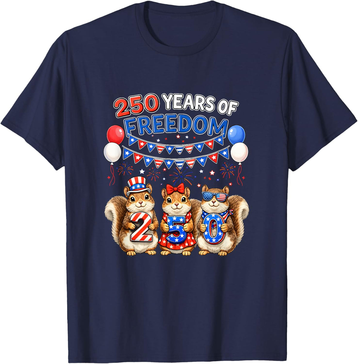 250th Freedom 4th of July US Flag Three Cute Squirrels T-Shirt - Navy Blue