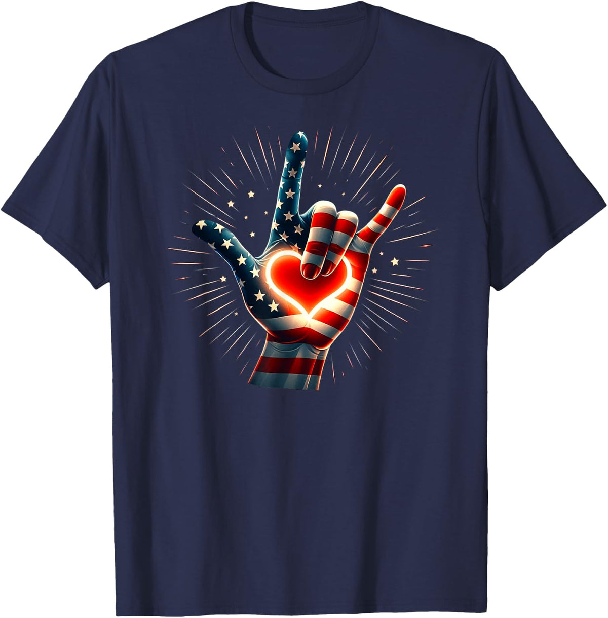 American Sign Language USA Flag Love Gesture Design T-Shirt - Navy Blue
