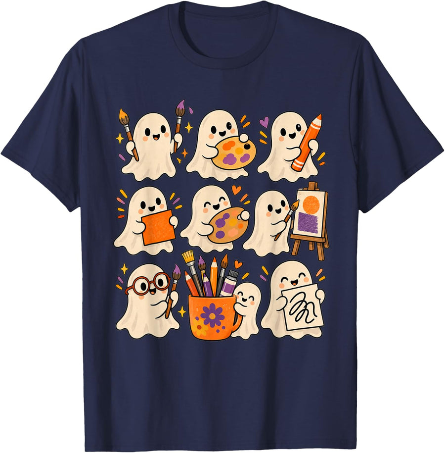 Art Teacher Ghost Funny Halloween Artist Painter Design T-Shirt - Navy Blue