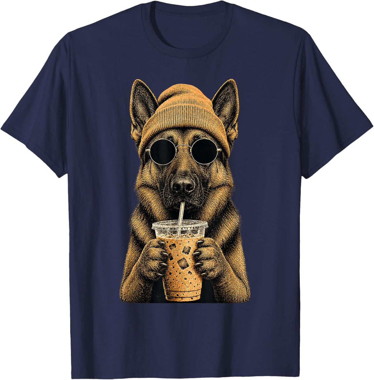 German Shepherd Hipster Dog Drinking Iced Coffee Sunglasses T-Shirt - Navy Blue