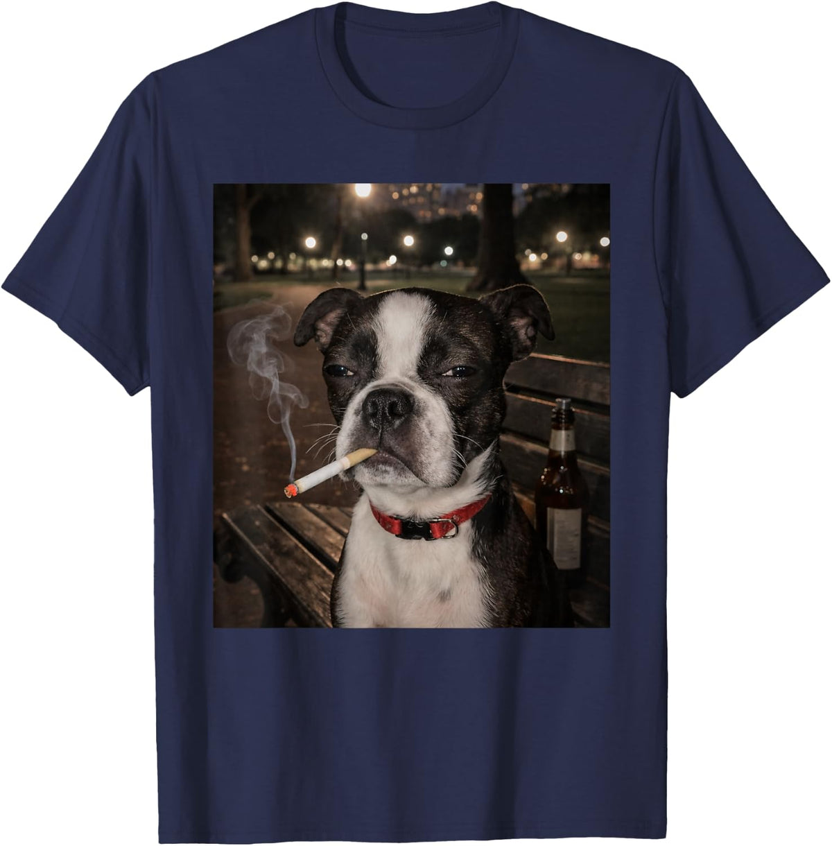 Funny Smoking Boston Terrier Dog Meme Gen Z Joke Brainrot T-Shirt - Navy Blue