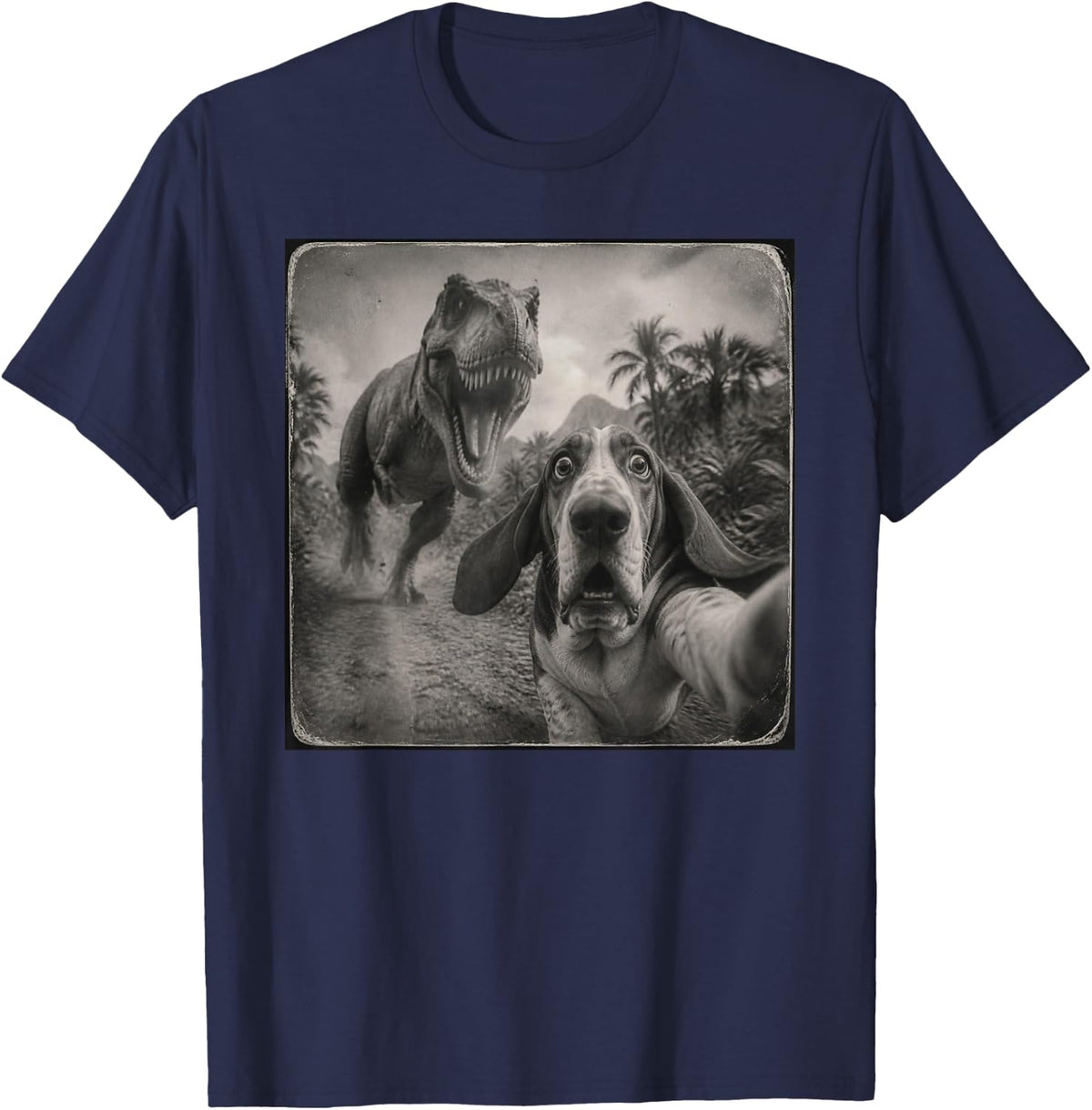 Funny Dinosaur Basset Hound T-Shirt - Navy Blue