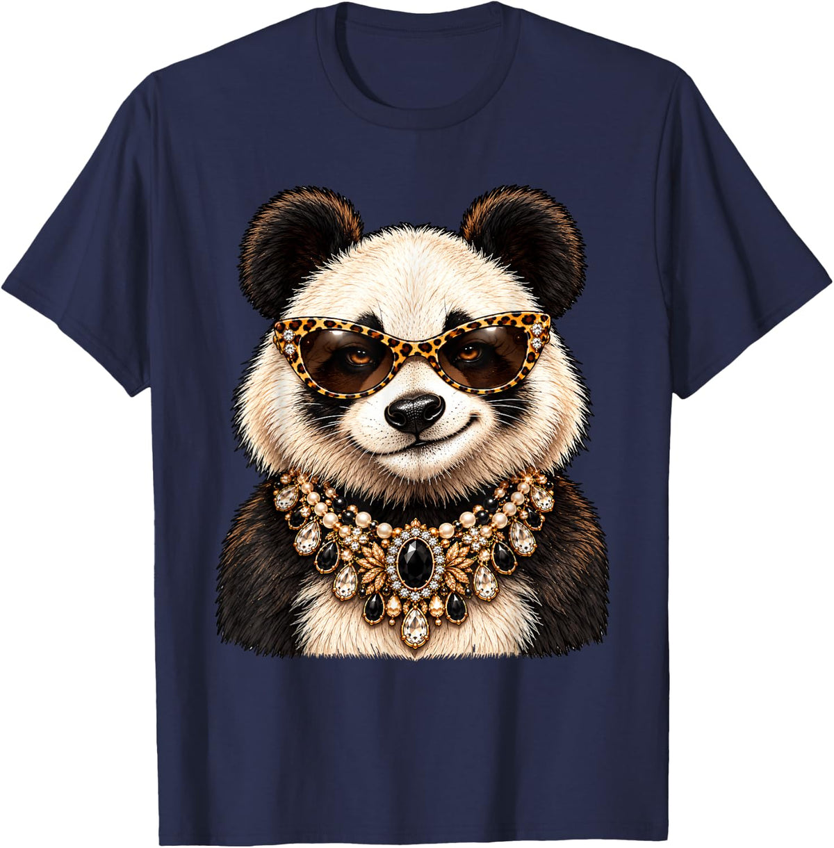 Glam Panda Leopard Glasses Graphic Funny Panda Lover T-Shirt - Navy Blue