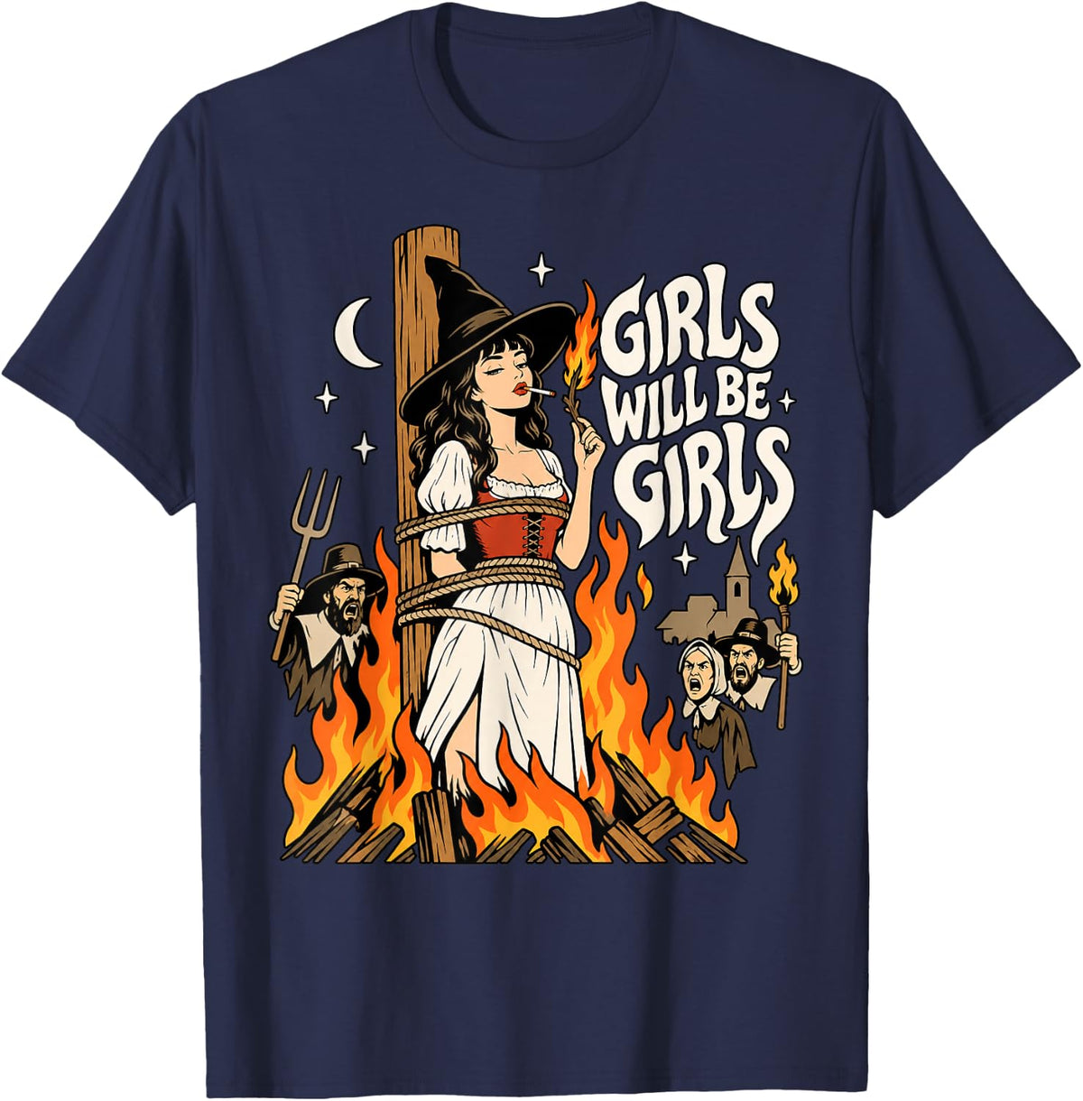 Girls Will Be Girls Witch Feminist Halloween Spooky Season T-Shirt - Navy Blue