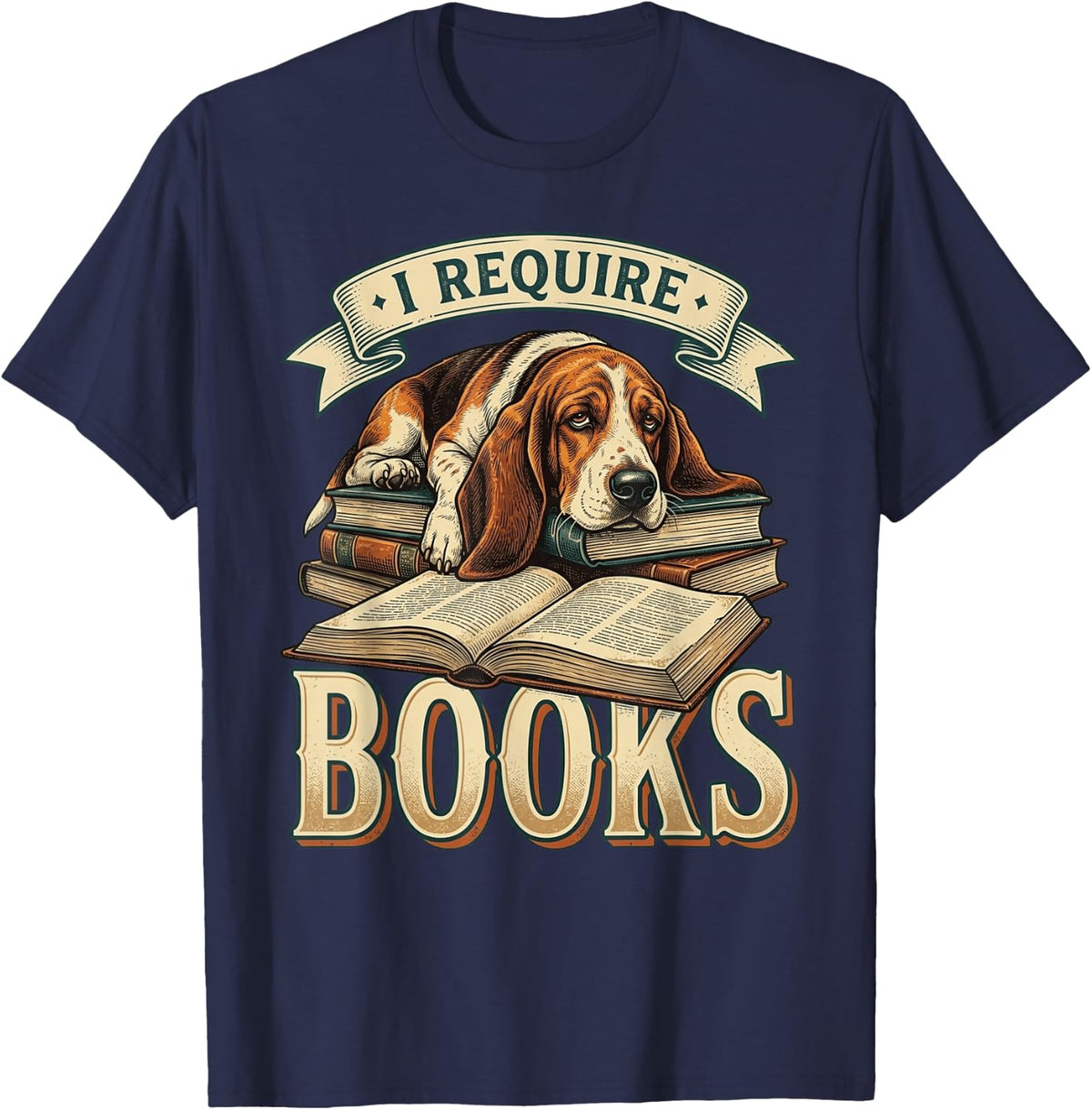 Funny I Require Books Basset Hound Reading Bookworm T-Shirt - Navy Blue