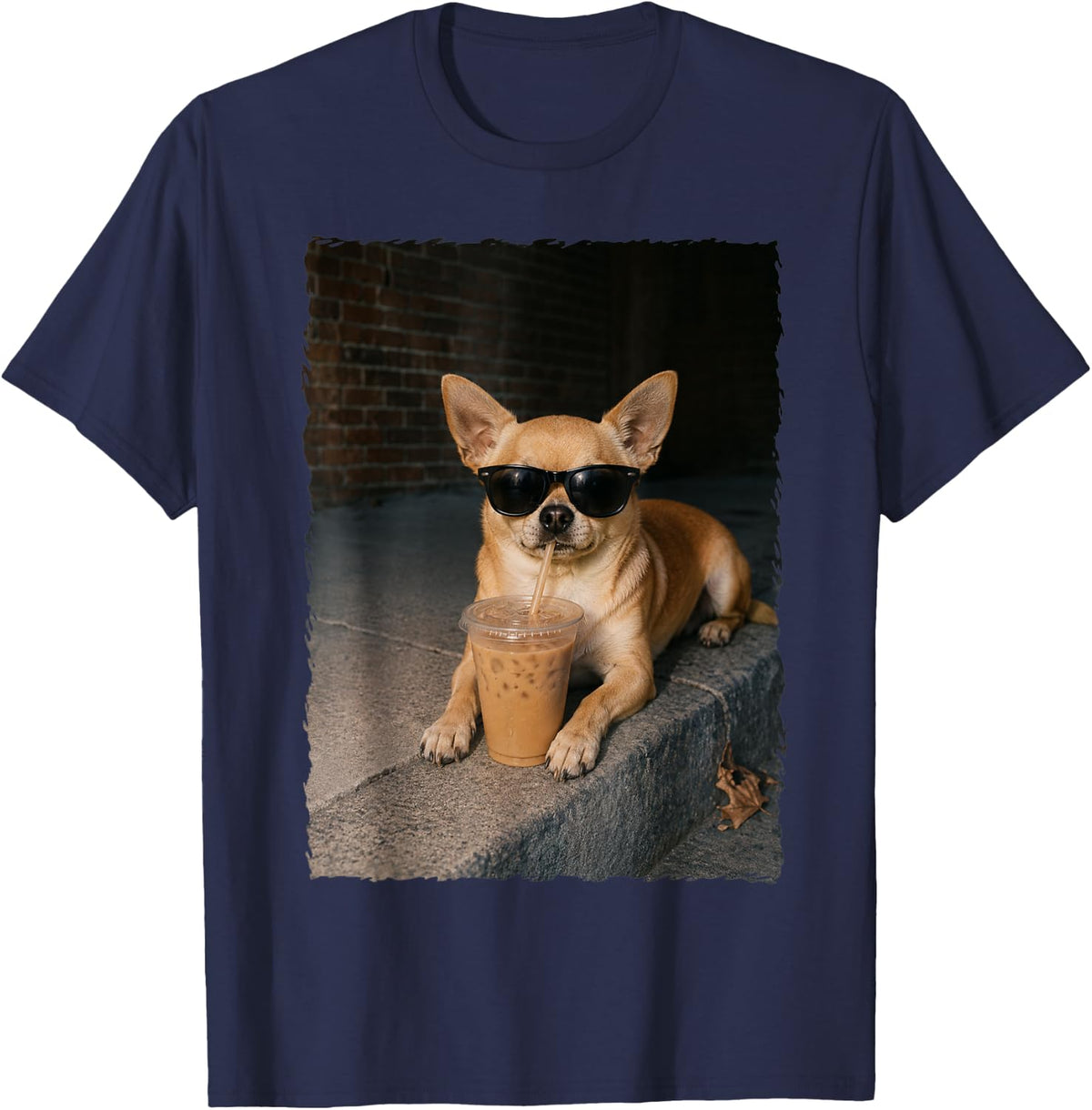 Chihuahua Drinking Iced Coffee Funny Animal T-Shirt - Navy Blue