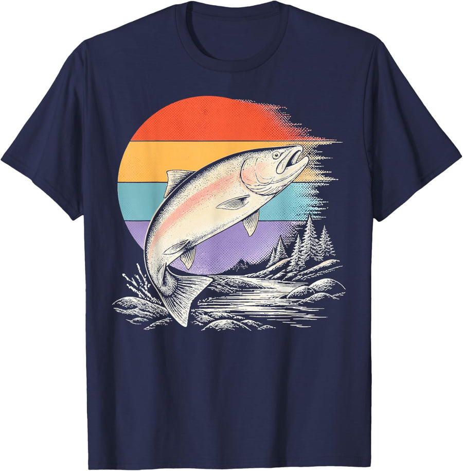Vintage Steelhead Angler River Fisherman T-Shirt - Navy Blue