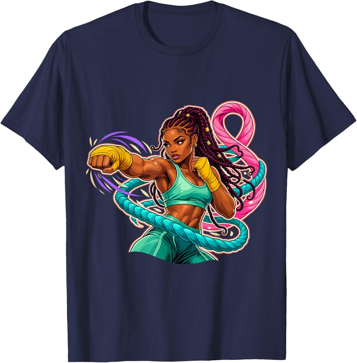 Powerful Female Boxer with Pink Bow Awareness Support T-Shirt - Navy Blue
