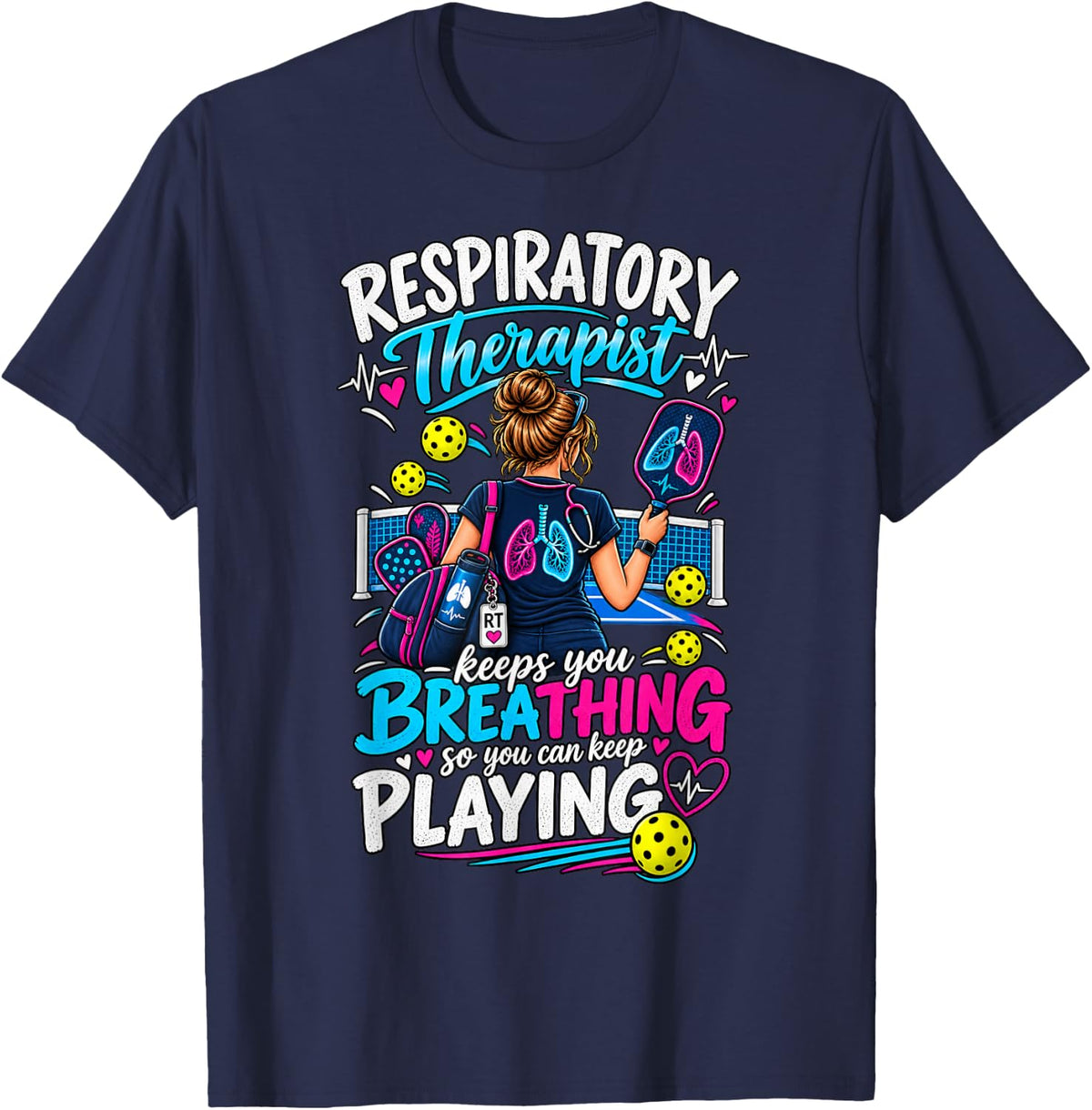 Respiratory Therapist Pickleball RT Breathing Playing T-Shirt - Navy Blue