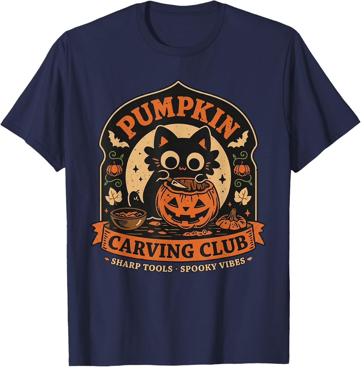 Pumpkin Carving Club Sharp Tools Spooky Vibes T-Shirt - Navy Blue