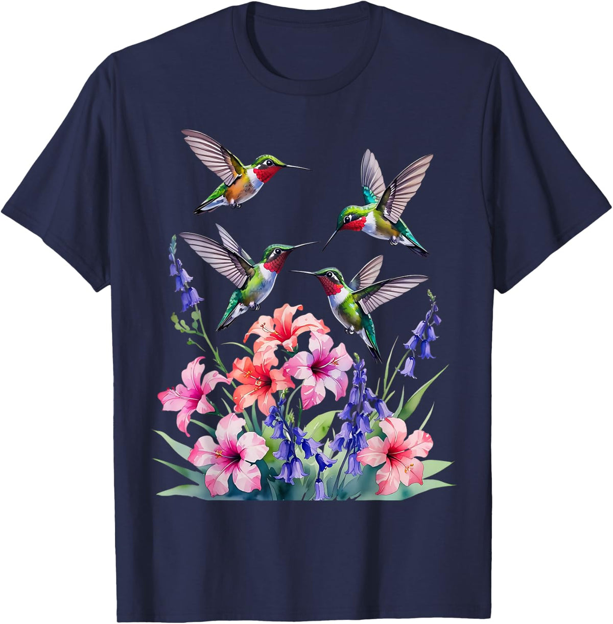 Ruby-throated Hummingbird nectar flowers watercolor Women T-Shirt - Navy Blue