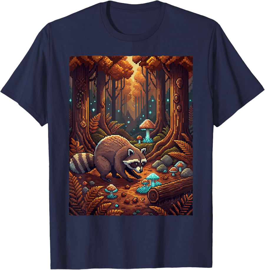 Cute Retro Pixel Art Raccoon Mushroom Autumn Woodland Forest T-Shirt - Navy Blue