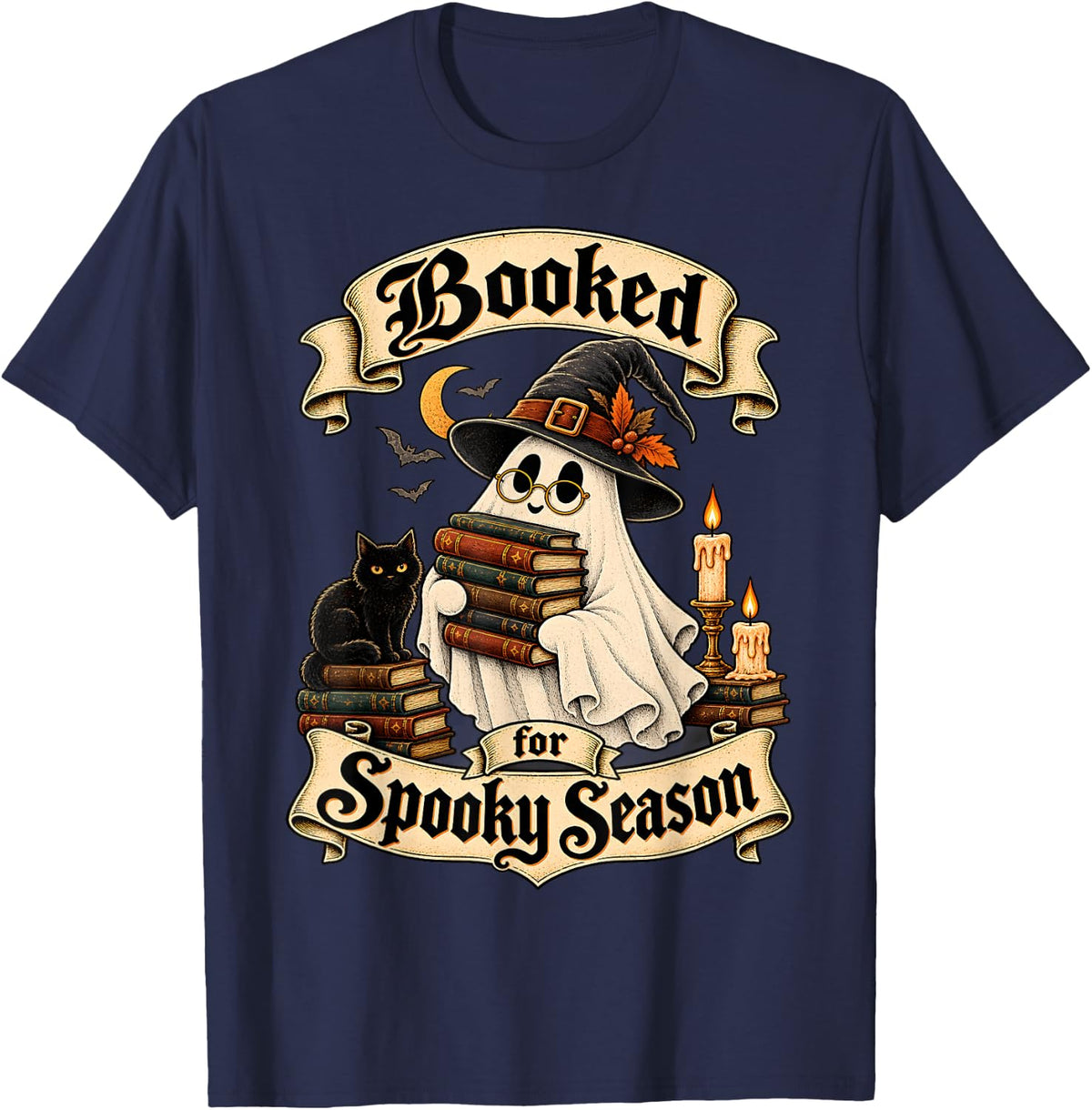 Booked for Spooky Season Ghost Librarian Halloween Bookworm T-Shirt - Navy Blue