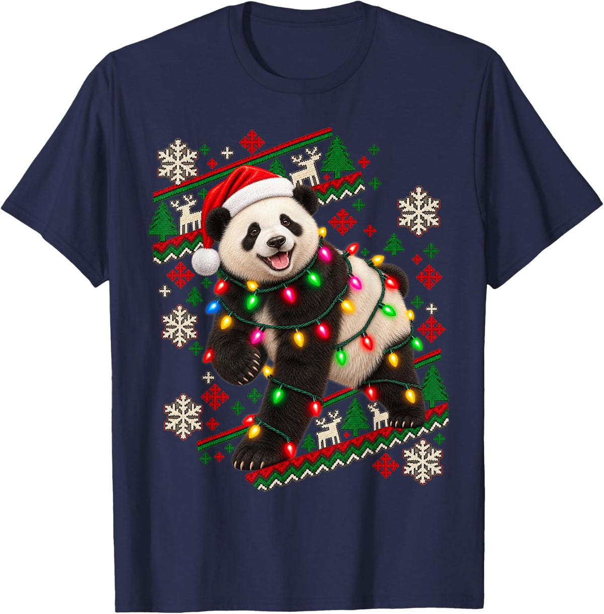 Christmas Lights Panda Funny Holiday Design T-Shirt - Navy Blue