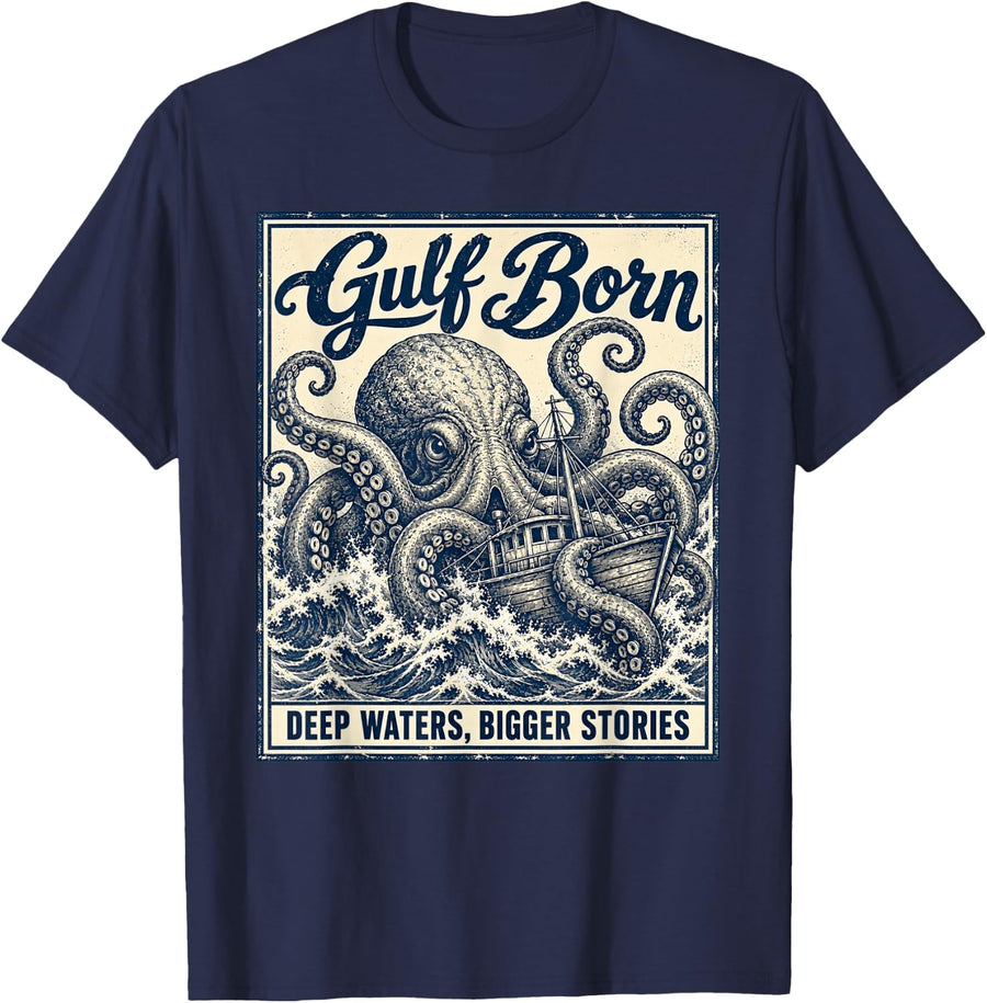 Gulf Born Deep Waters Bigger Stories Vintage Octopus Nautica T-Shirt - Navy Blue