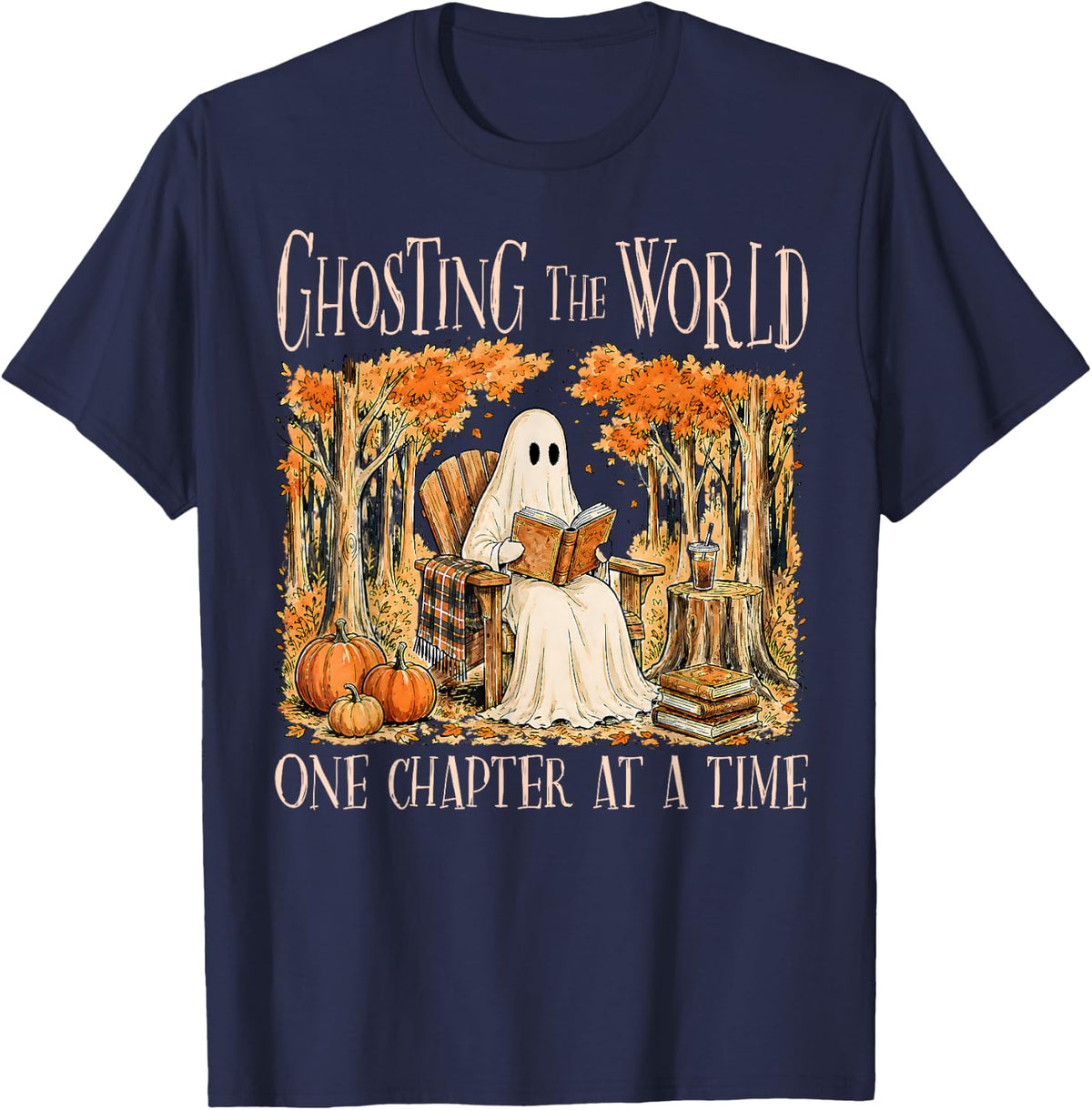 Ghosting The World One Chapter At A Time Ghost Halloween T-Shirt - Navy Blue