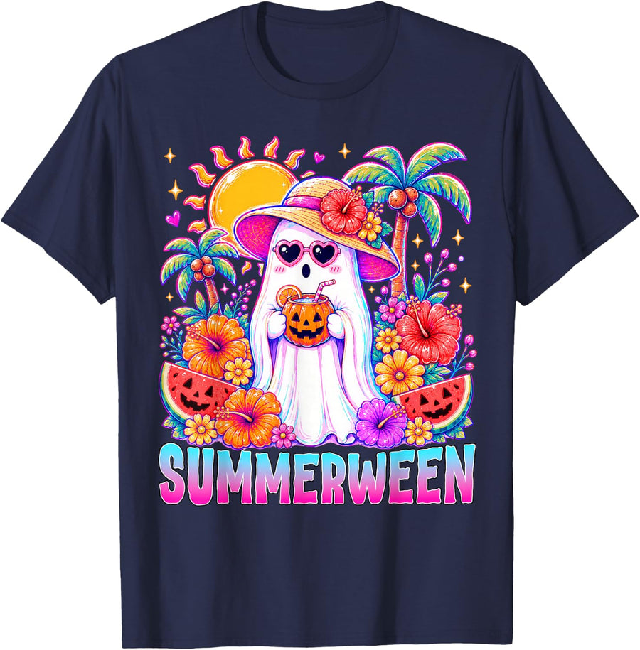 Summerween Vibes Spooky Ghost Pumpkins Halloween Women Girls T-Shirt - Navy Blue