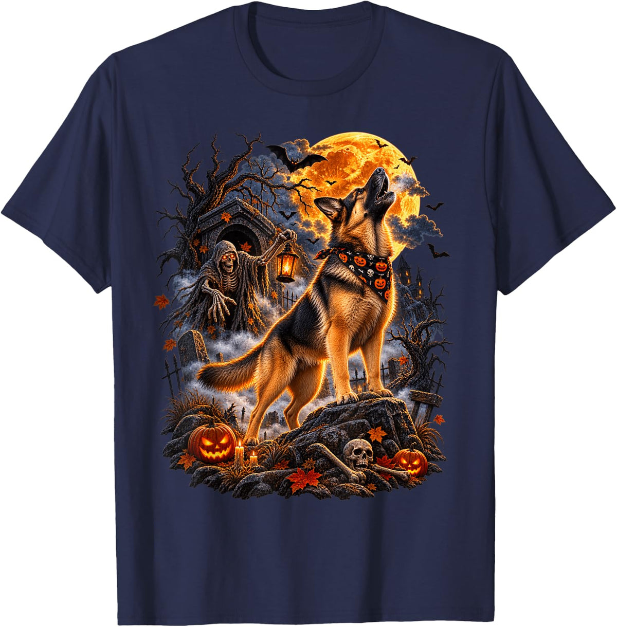 German Shepherd Dog Stealing Bone from Skeleton Halloween T-Shirt - Navy Blue