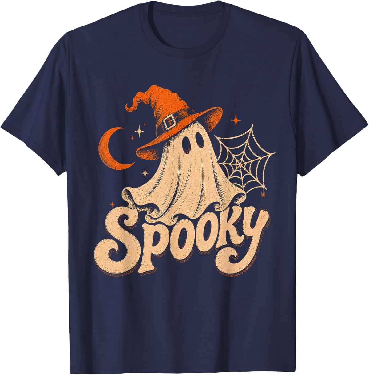 Cute Spooky Ghost Halloween Beanie with Moon T-Shirt - Navy Blue