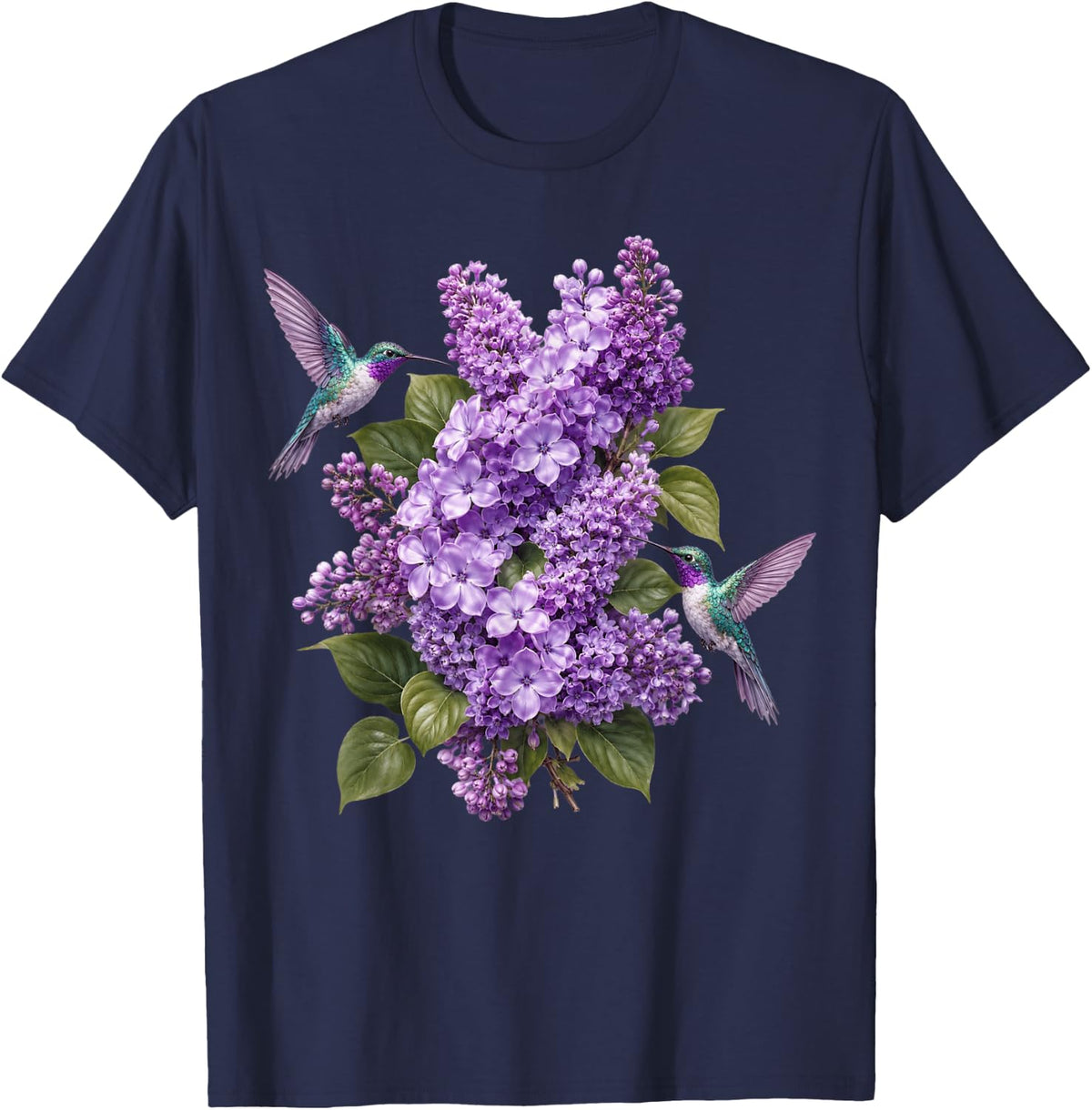 Hummingbird Lilac Floral Purple Flowers Botanical Garden T-Shirt - Navy Blue