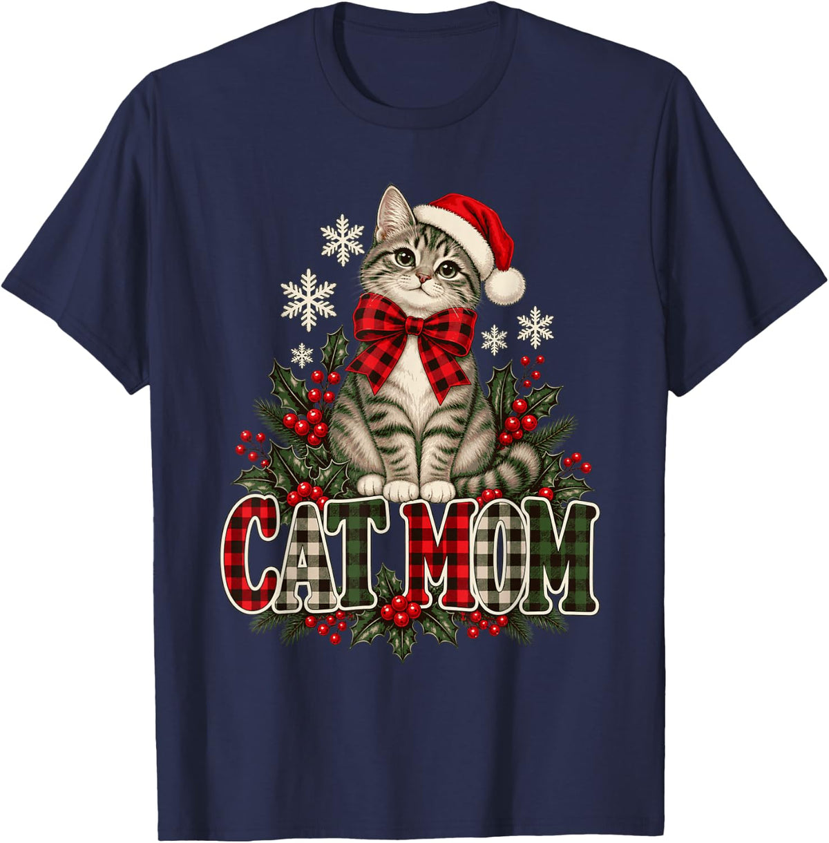 Christmas Kitten Santa Hat Plaid Bow T-Shirt - Navy Blue