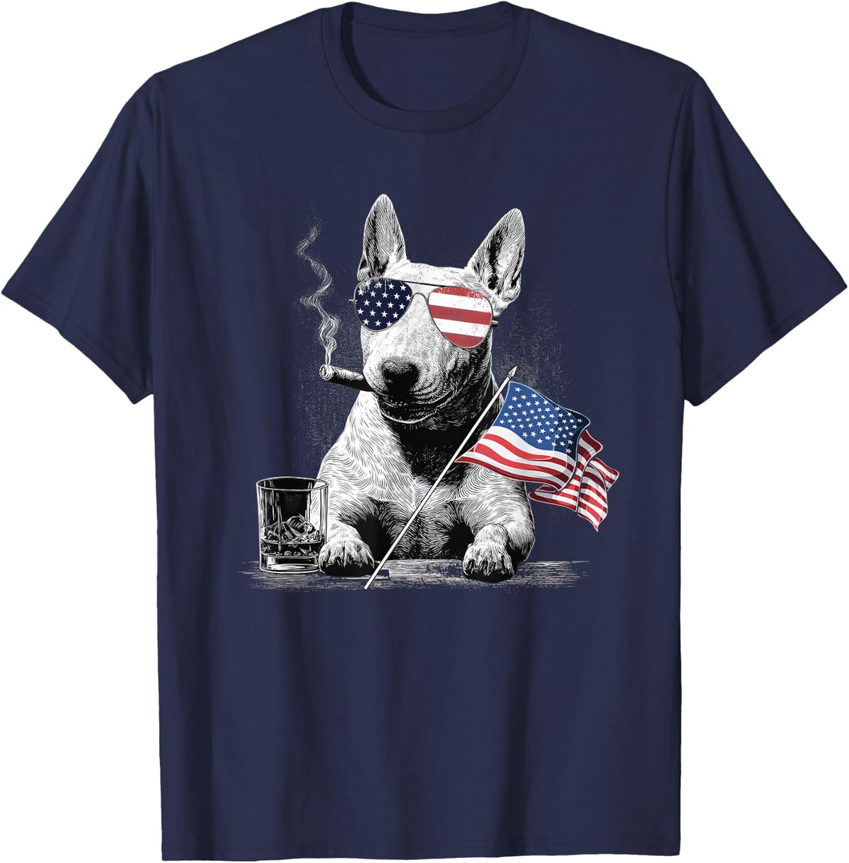 Bull Terrier Dog Dad Patriotic American Flag July Fourth T-Shirt - Navy Blue