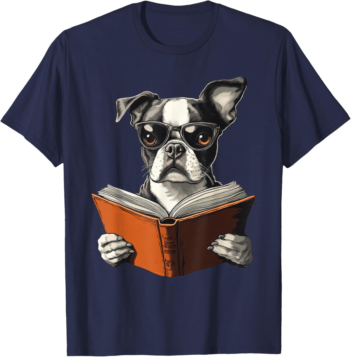 Cute Dog Boston Terrier Reading Book T-Shirt - Navy Blue