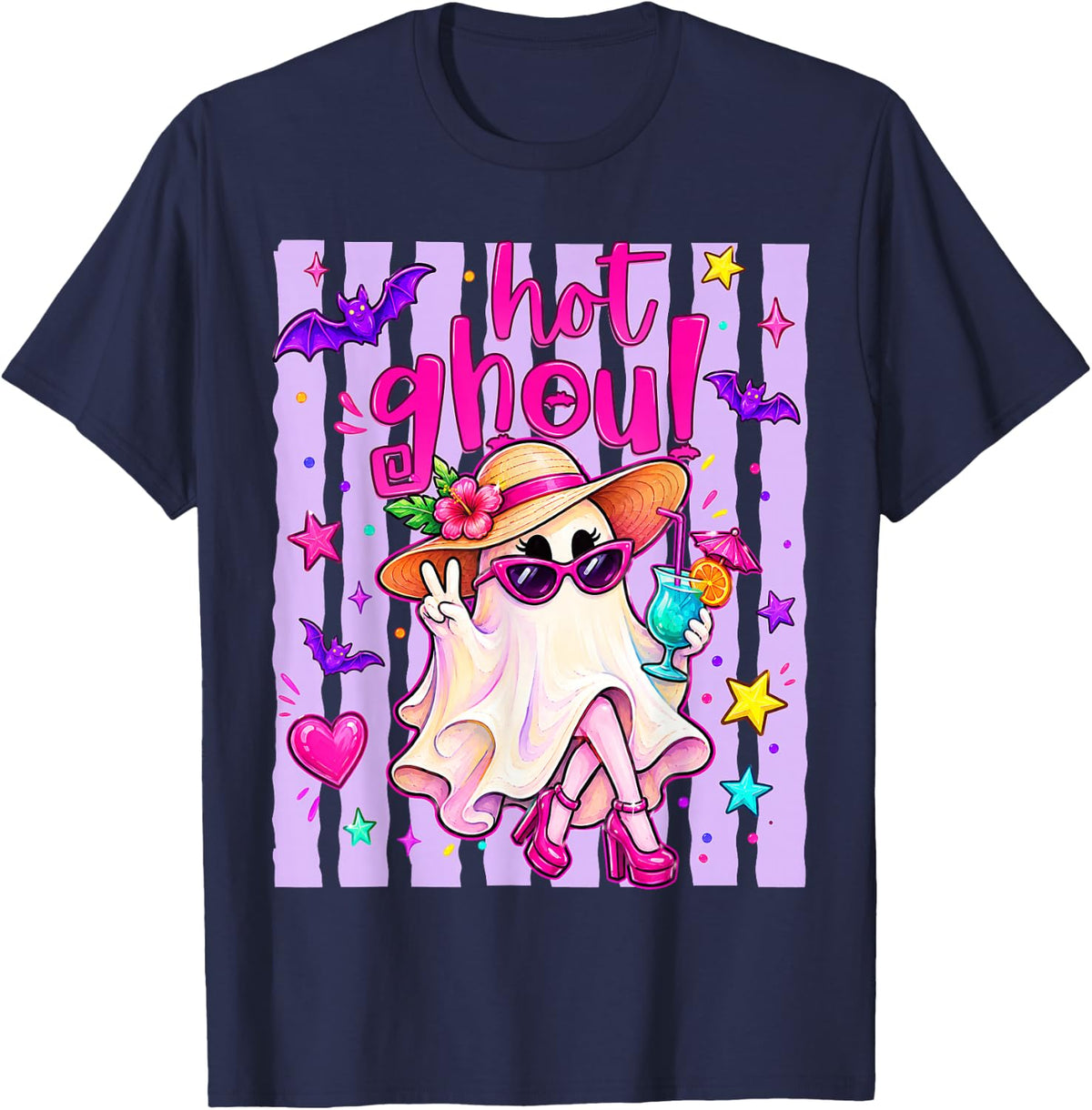 Hot Ghoul Striped Funny Ghost Girly Halloween Girl Women T-Shirt - Navy Blue
