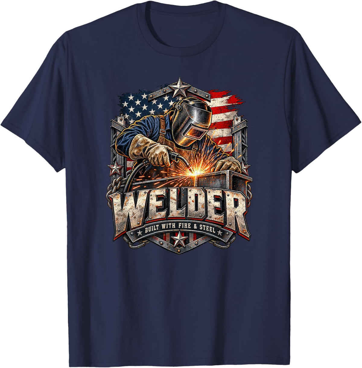 Welder Built with Fire Steel American Flag Fabrication T-Shirt - Navy Blue