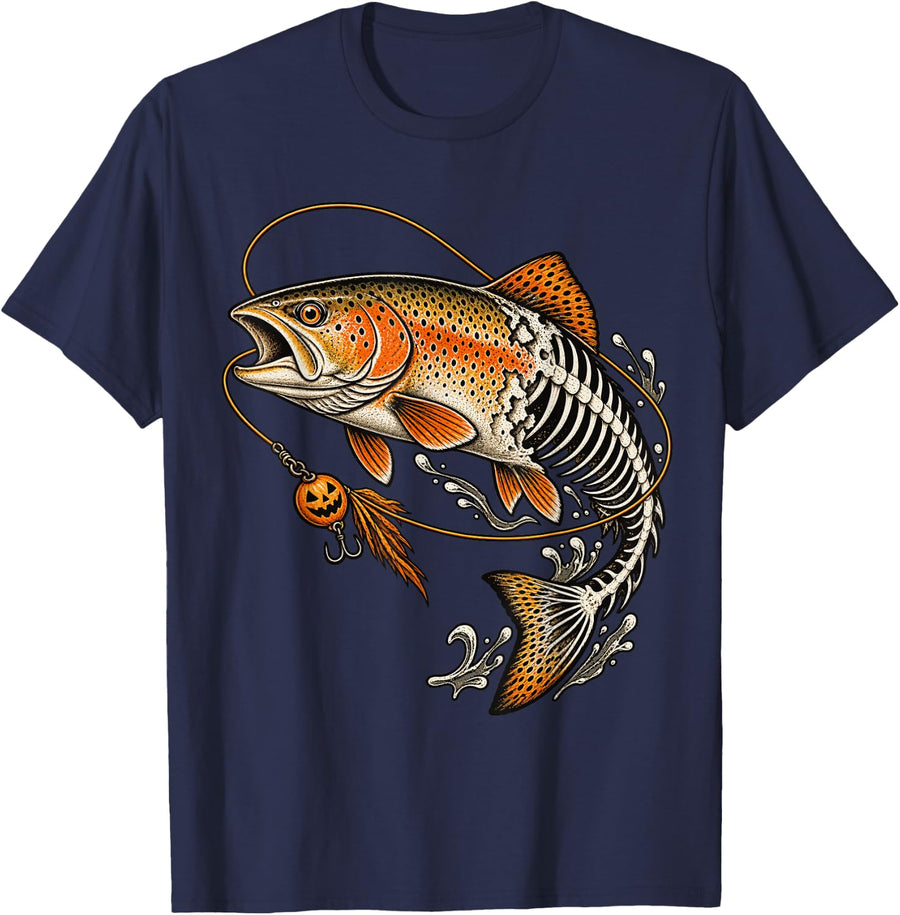 Halloween Trout Fish Skeleton Pumpkin Lure Fishing T-Shirt - Navy Blue
