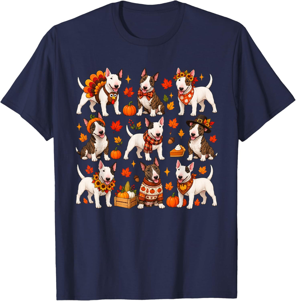 Cute Bull Terrier Dog Turkey Thanksgiving Fall Autumn T-Shirt - Navy Blue