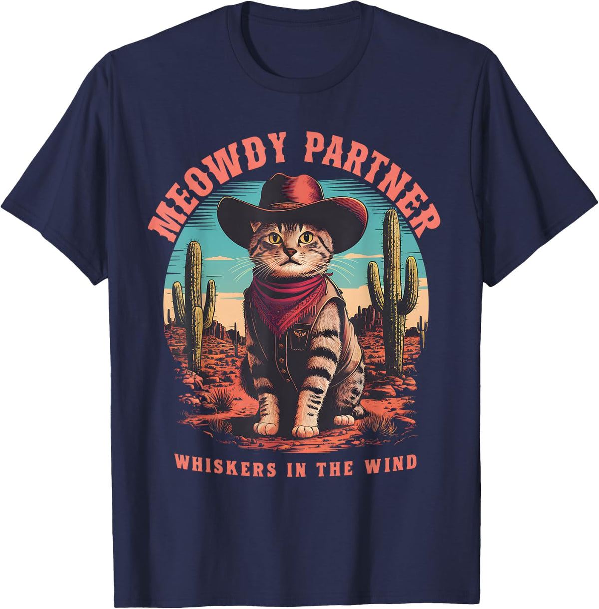 Cat Cowboy Meme Wild West Cowboy Hat Vintage Meowdy Partner T-Shirt - Navy Blue