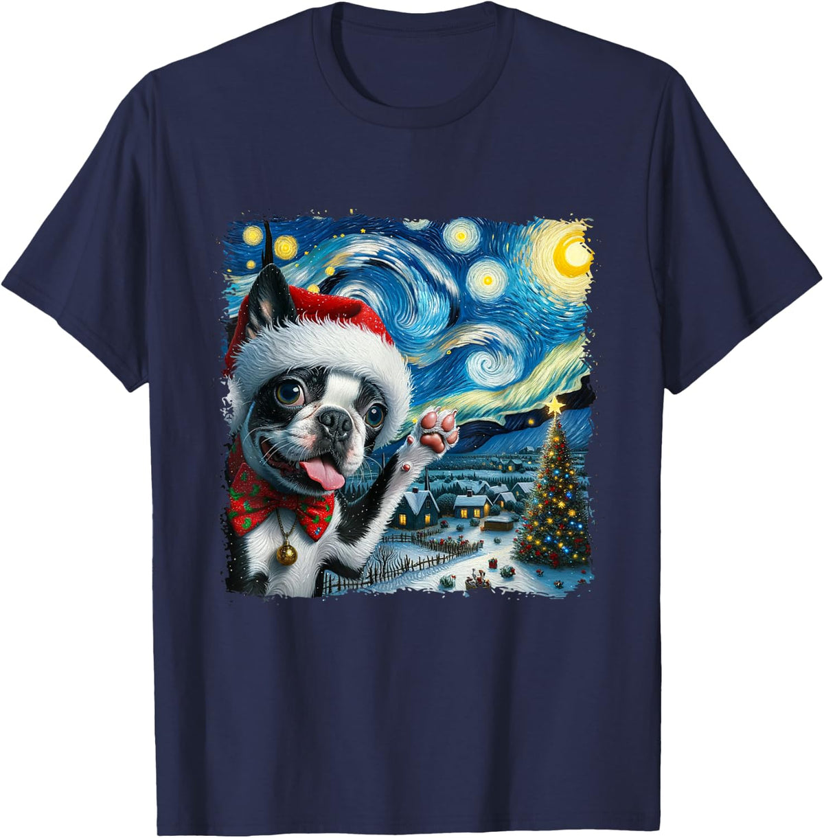 Boston Terrier Santa Starry Night Van Gogh Christmas Dog Men Women Kids T-Shirt - Navy Blue