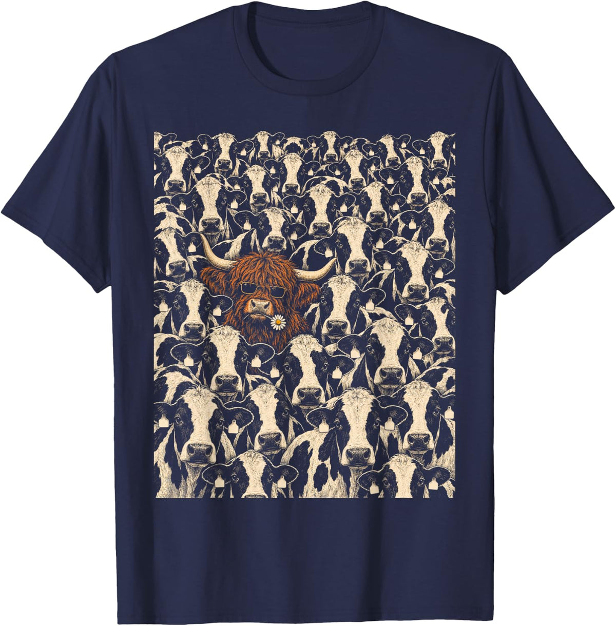 Highland Cow Among Holsteins Odd One Out Farm Humor T-Shirt - Navy Blue