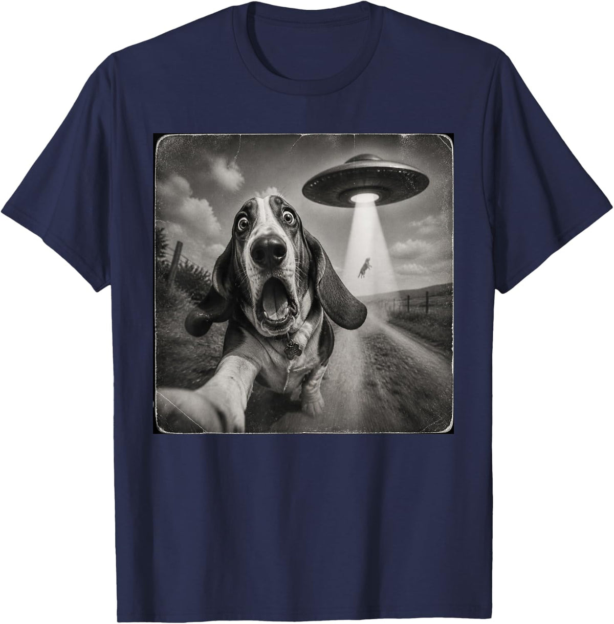 Funny UFO Basset Hound T-Shirt - Navy Blue