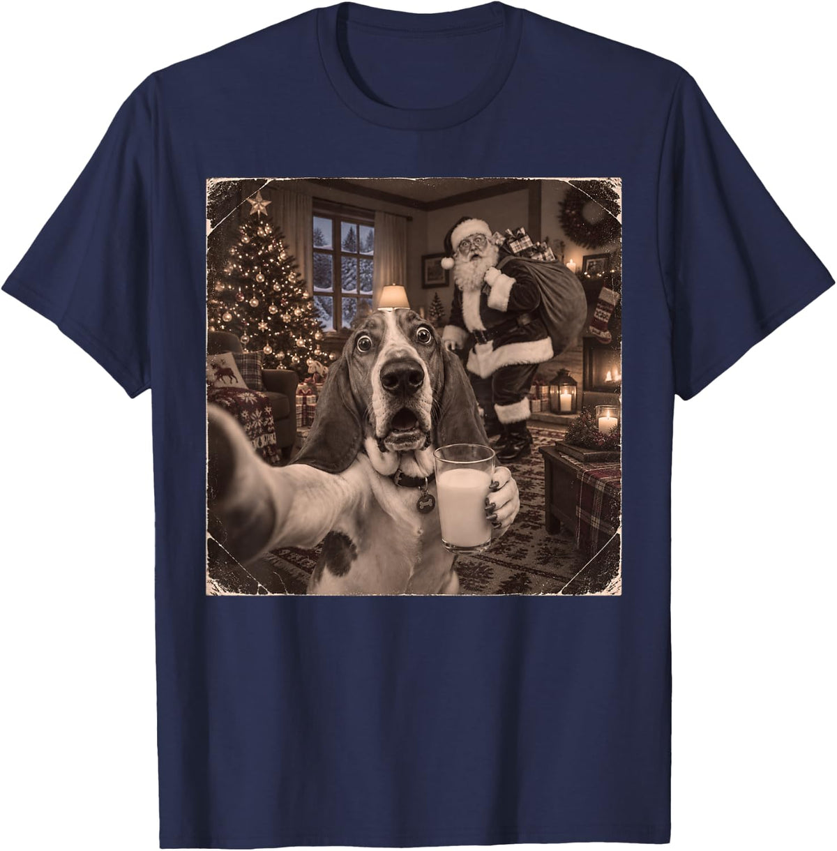 Basset Hound Selfie Santa Caught with Milk Funny Christmas T-Shirt - Navy Blue