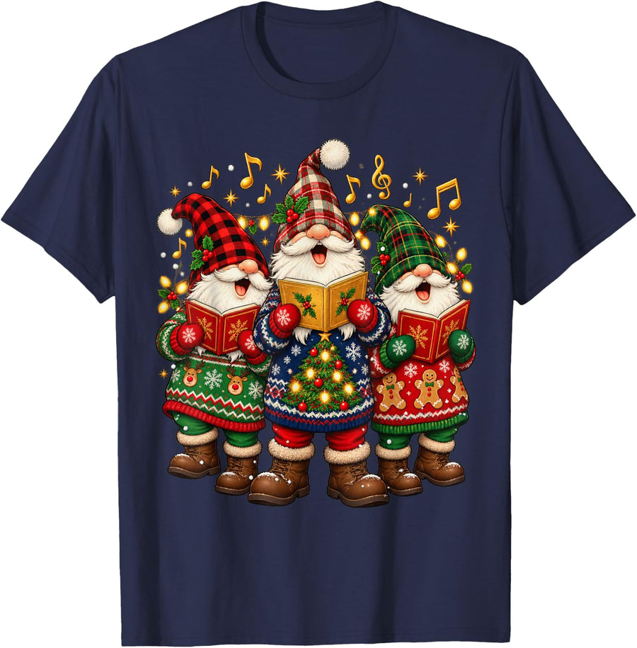 Christmas Caroling Gnomes Singing Holiday Hymns Graphic T-Shirt - Navy Blue