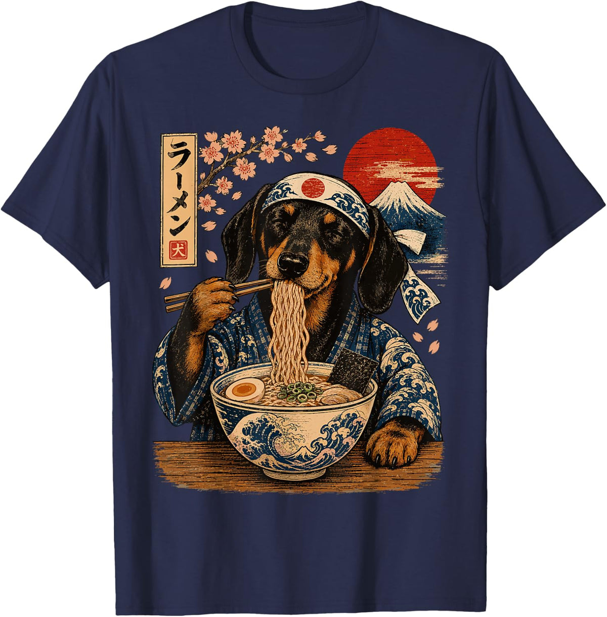 Dachshund Dog Eating Ramen Japanese Wiener Dog T-Shirt - Navy Blue