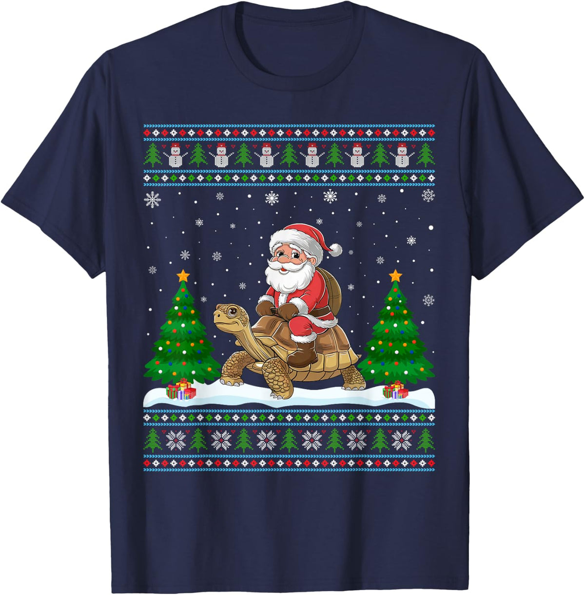 Ugly Xmas Lighting Tree Santa Riding Tortoise Christmas T-Shirt - Navy Blue