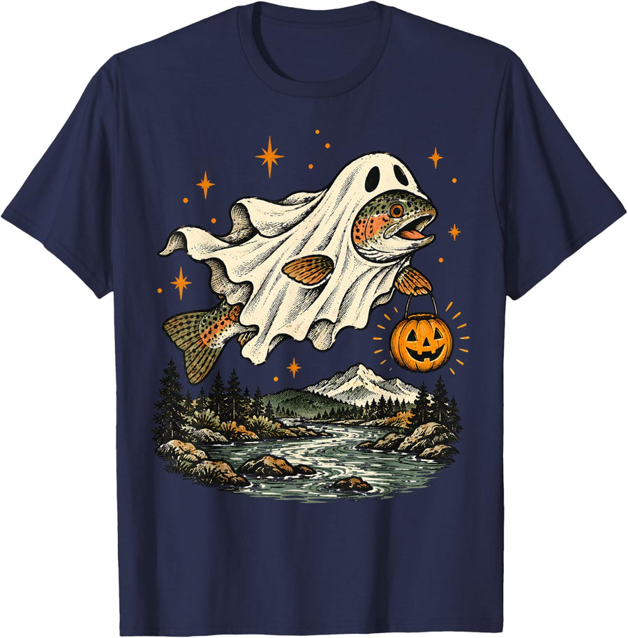 Spooky Halloween Trout Fishing Ghost Pumpkin Skeleton Angler T-Shirt - Navy Blue