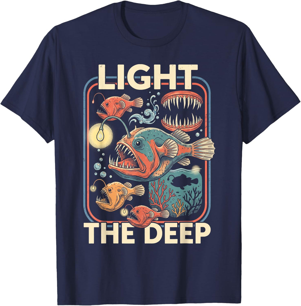 Anglerfish Ocean Marine Vintage Poster T-Shirt - Navy Blue