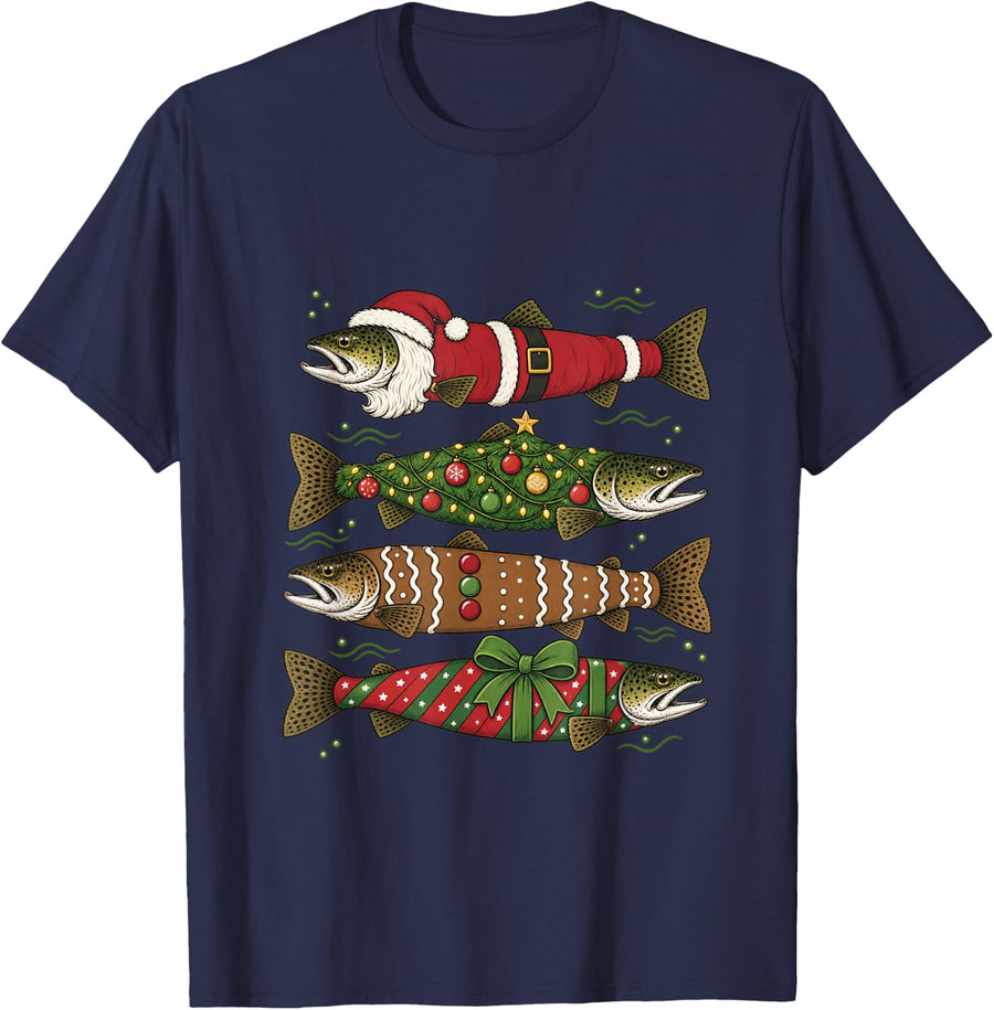 Funny Christmas Trout Fish Santa Christmas Tree Cookies Gift T-Shirt - Navy Blue