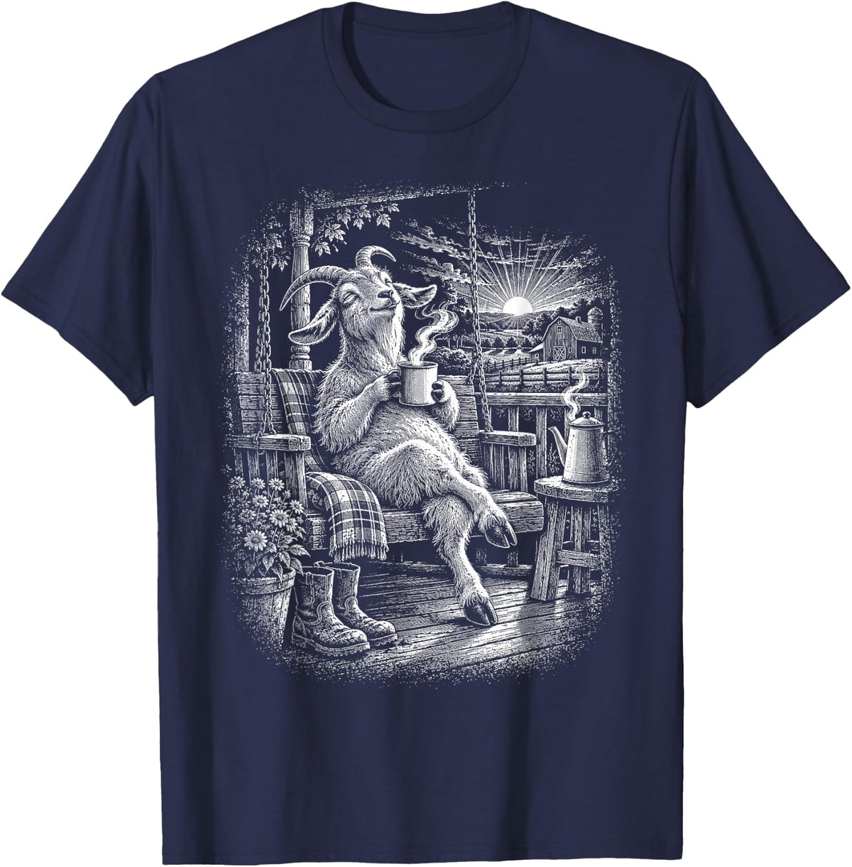 Funny Goat Coffee Lover Porch Swing Farmhouse Morning T-Shirt - Navy Blue