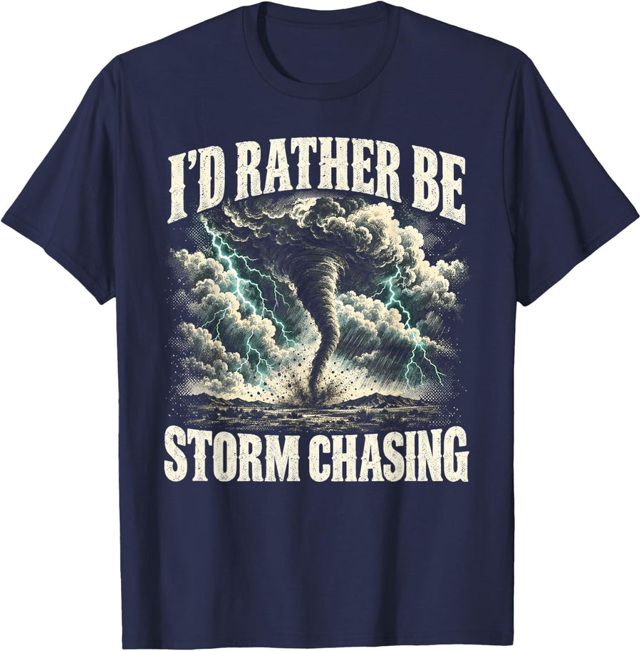 I'd Rather Be Storm Chasing Vintage Cloudscape T-Shirt - Navy Blue